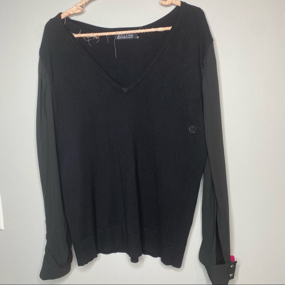 NY&Co 7th Avenue Black Mixed Media V-Neck Sweater Sheer Sleeves XL NWT - Picture 4 of 9